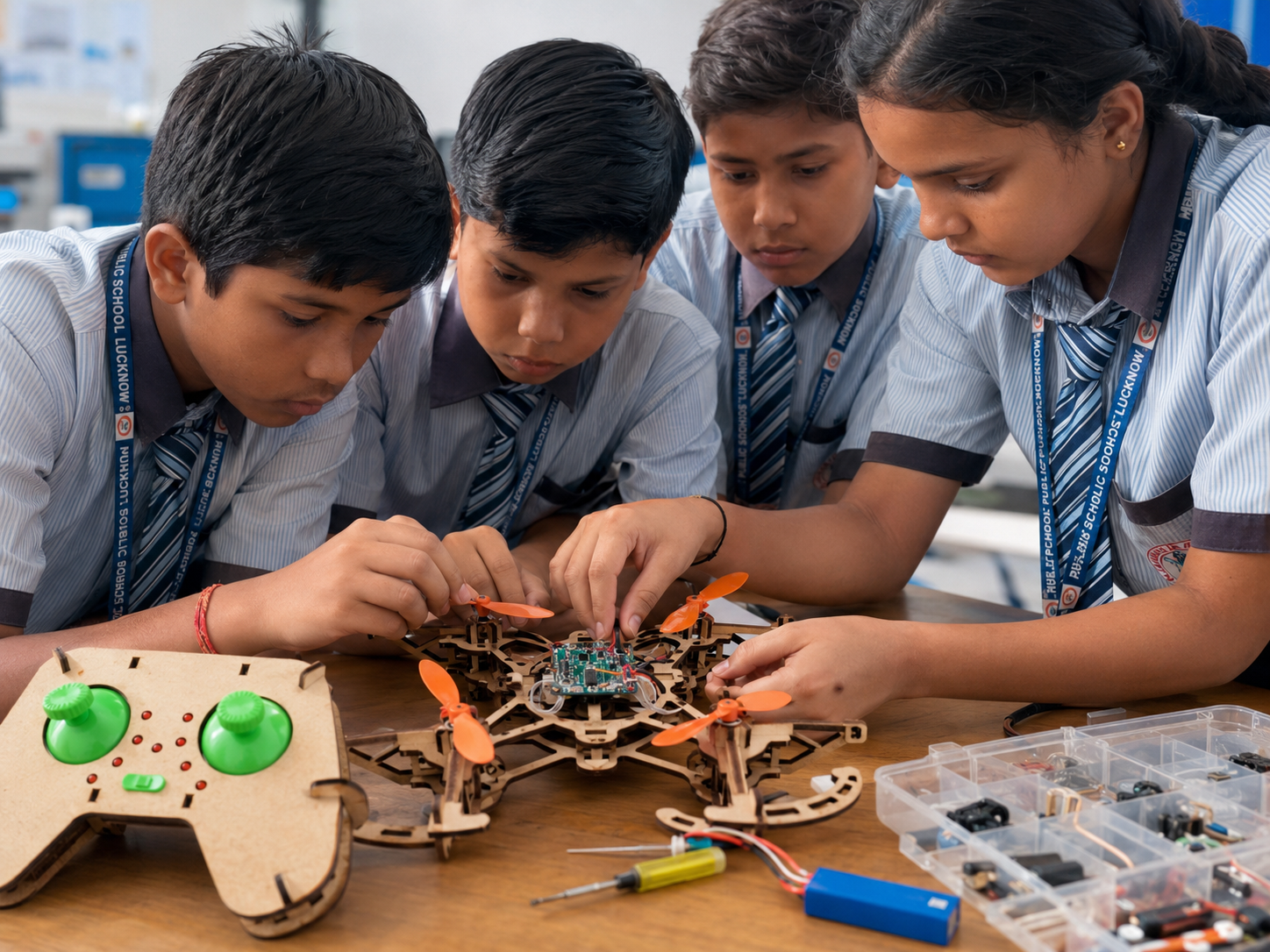 Teachers exploring AI IoT drone and 3D printing at Future Gurukuls training lab